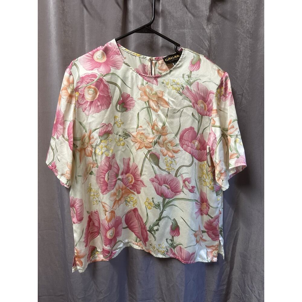 Gallant Floral 100 % Silk Vintage Blouse SZ 20 XL Made In USA Pink White Floral